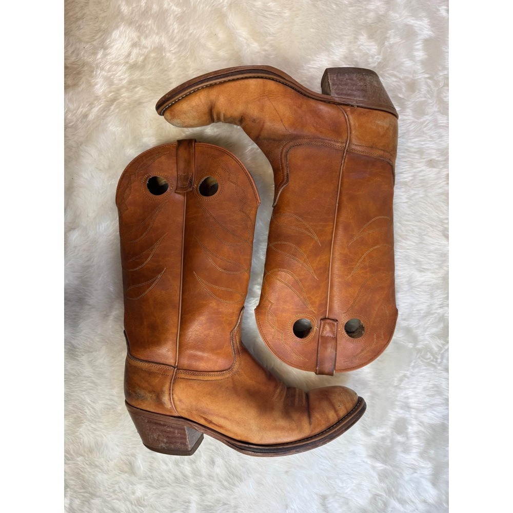 ACME Tan Leather Patina Western Cowboy Boots‎ Round Toe Tall Pull-On Mens 9.5 D